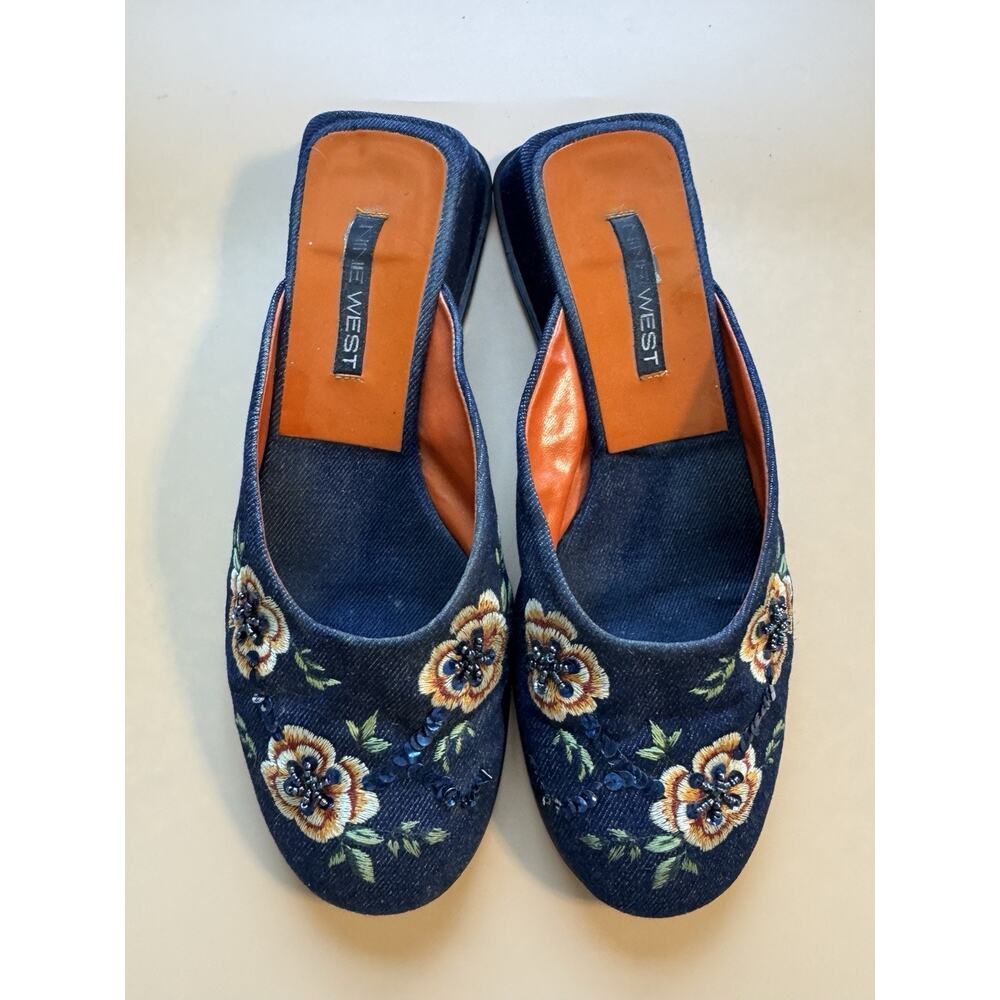 Nine West Y2K Denim Floral Embroidered Sequin Denim Mules Shoes Slip On Size 8